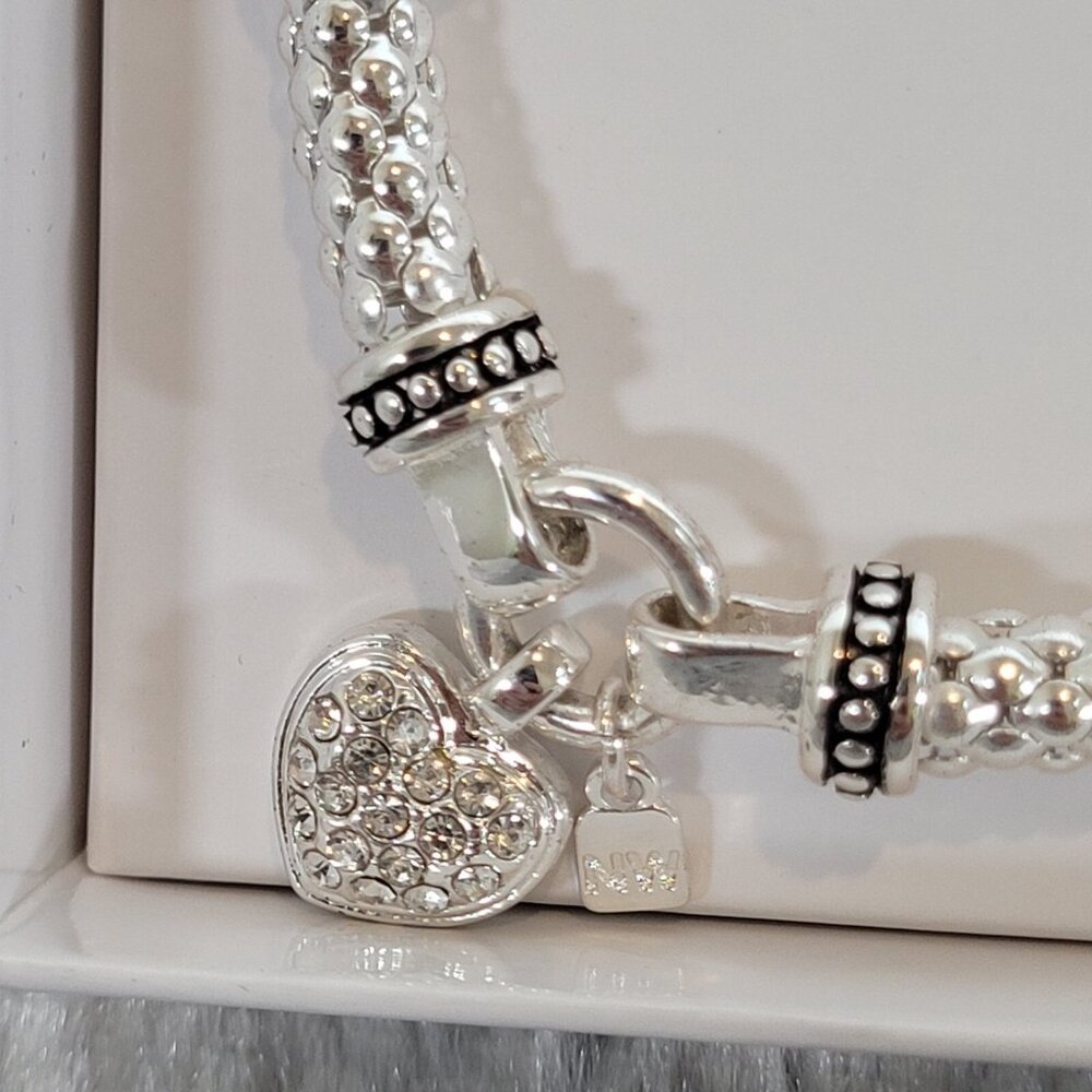 Nine West Silver Tone Beaded Bracelet Heart Charm Rhinestone Dangle Bangle - Picture 3 of 4